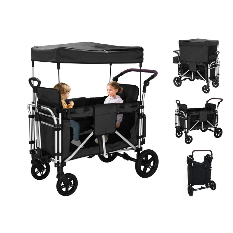 wanan Stroller Wagon For 2 Kids Wagon Cart Featuring 2 High Seat With 5 point Harnesses And Adjustable Canopy Foldable Push pull Rod Wagon Stroller For Garden Stroller Camping Grocery Cart Wayfair